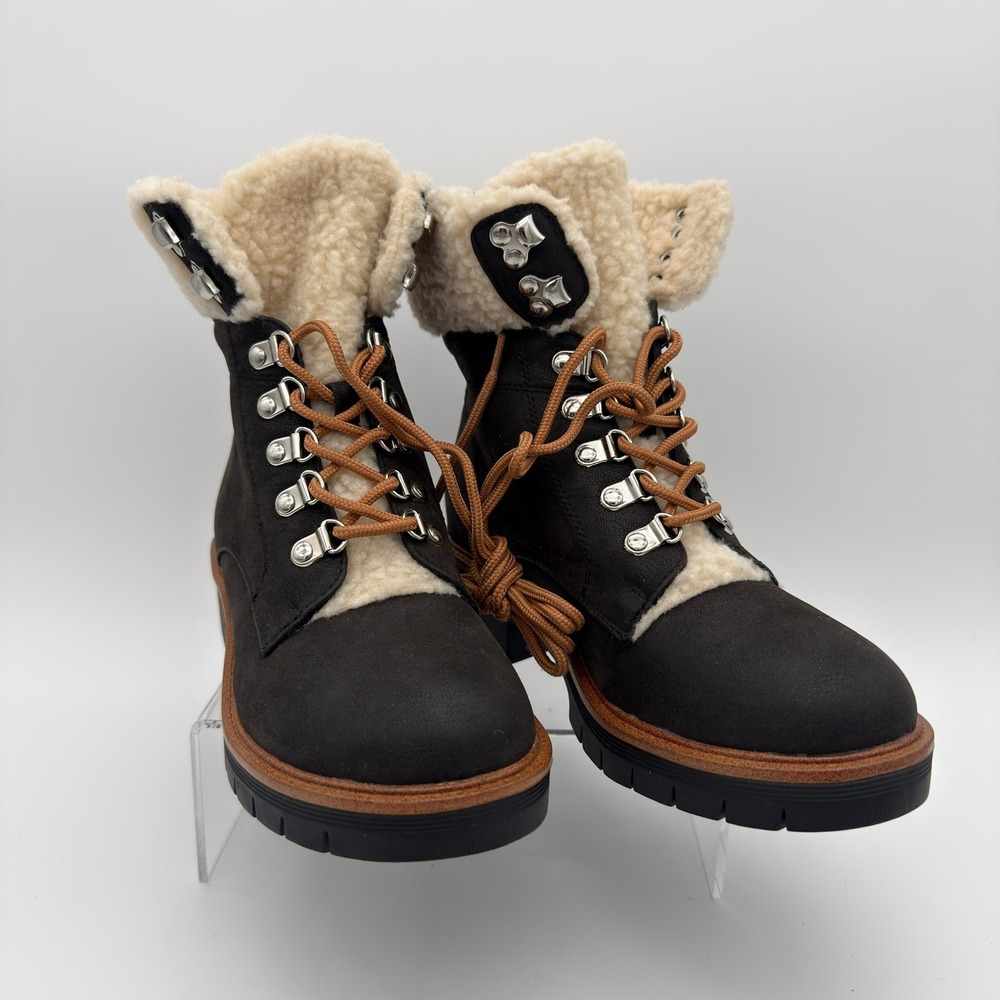 MIA Regis SHX Women's 8M Black Faux Fur Lace Up Hiker Lug Ankle Boots NWOT